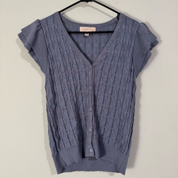 Philosophy Republic Ruffle Sleeve Scallop Knit Button Down Cardigan L - Picture 1 of 7